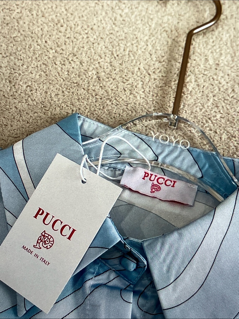 Emilio Pucci Sky Blue and White Swirl Silk Button-Up Blouse - Picture 2 of 9